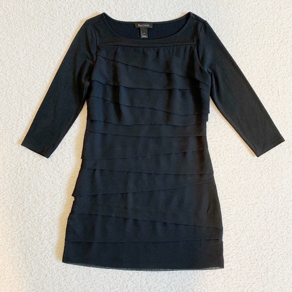 White House Black Market Cocktail Dress Size Small 3/4 Sleeves Tiered Mini LBD